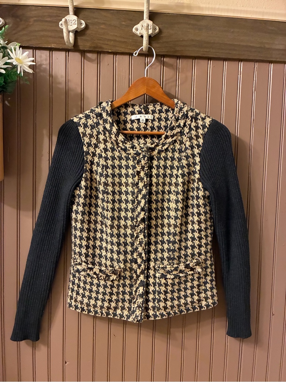 CAbi Houndstooth Knit-Panel Cardigan Jacket in Black & Beige